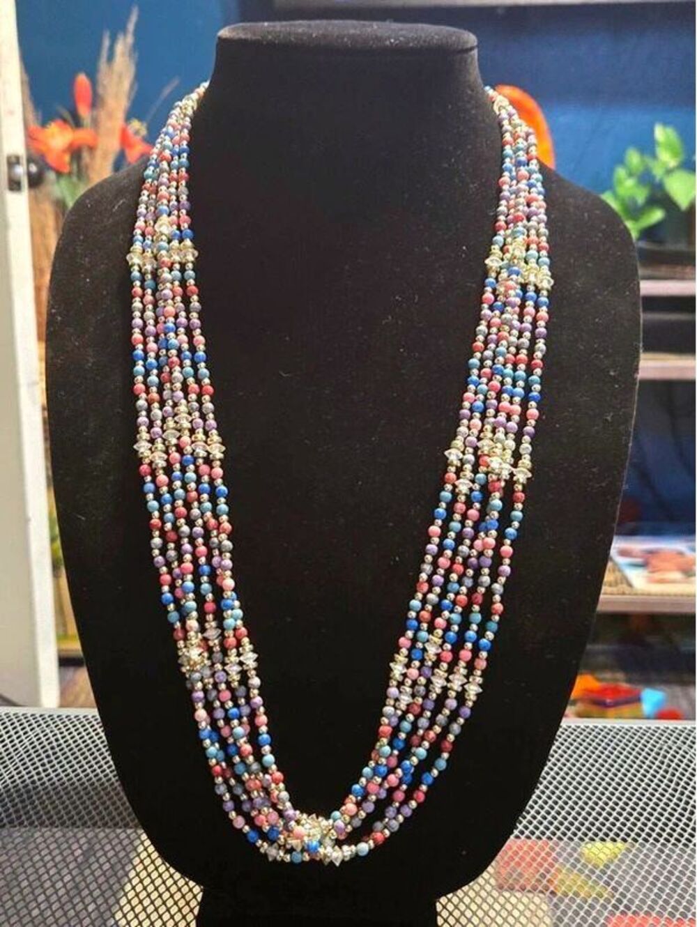 Vintage Multistrand Pastel Seed Bead and Crystal Accent Layered Necklace